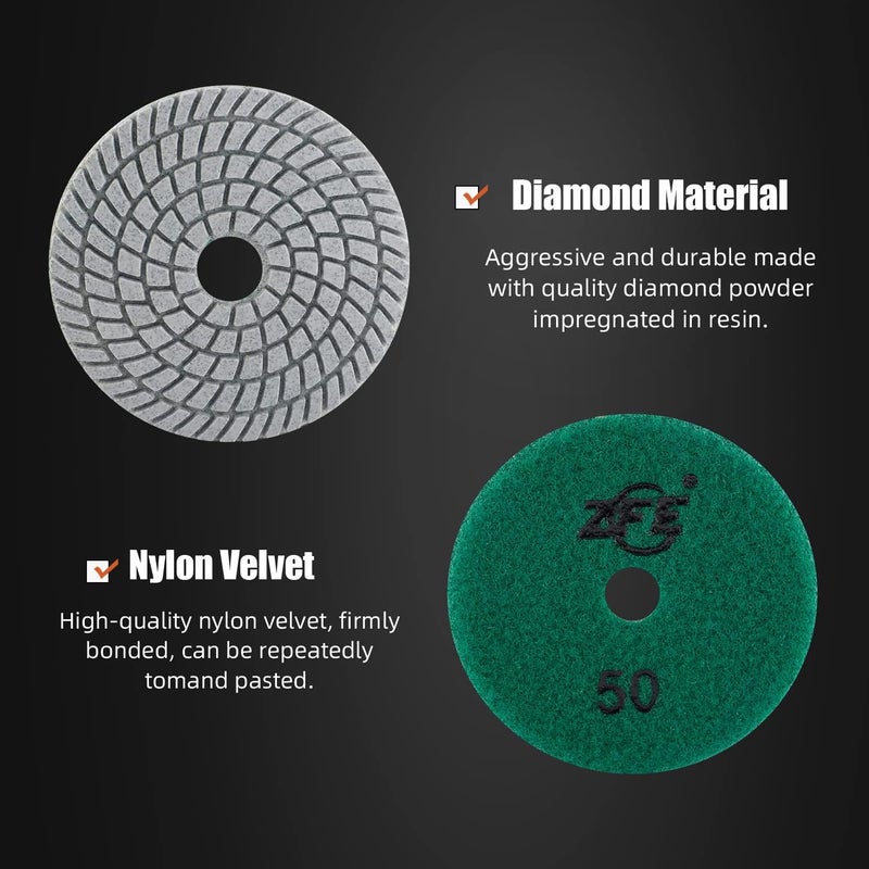 ZFE Diamond Wet Polishing Pads Set, 5 inch 15Pcs Pads for Granite Stone Concrete Marble Floor Grinder or Polisher, 50#-6000# with Hook & Loop Backing Holder Pads for Wet Polisher - Image 4